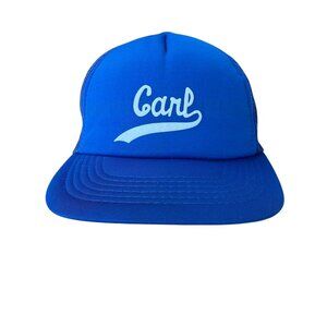 Vtg Trucker Hat Spellout CARL Name Mesh Snapback Puffy Font Blue Young An